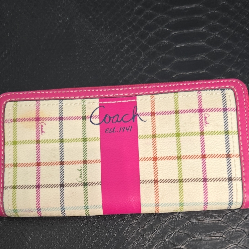 Coach Pink and Cream Plaid Wallet